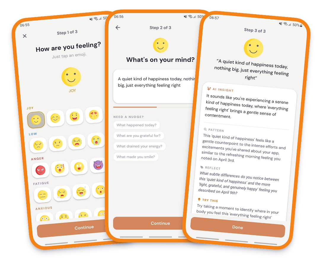 Emoodjee app flow: select emoji, write a sentence, get AI insight