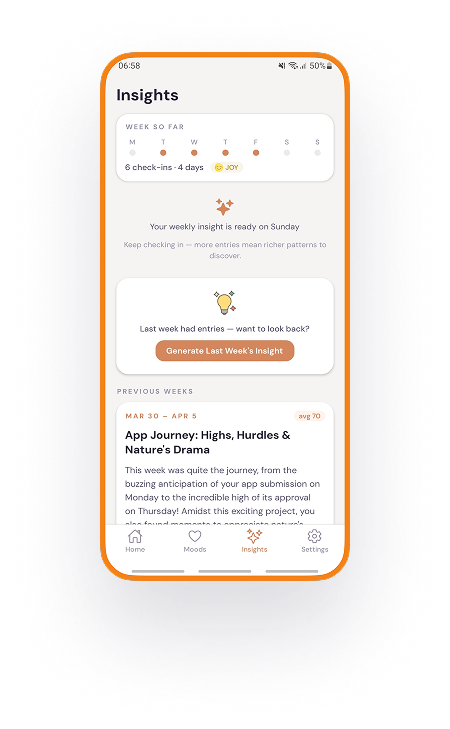 Emoodjee weekly synthesis screen showing AI-generated insights and patterns