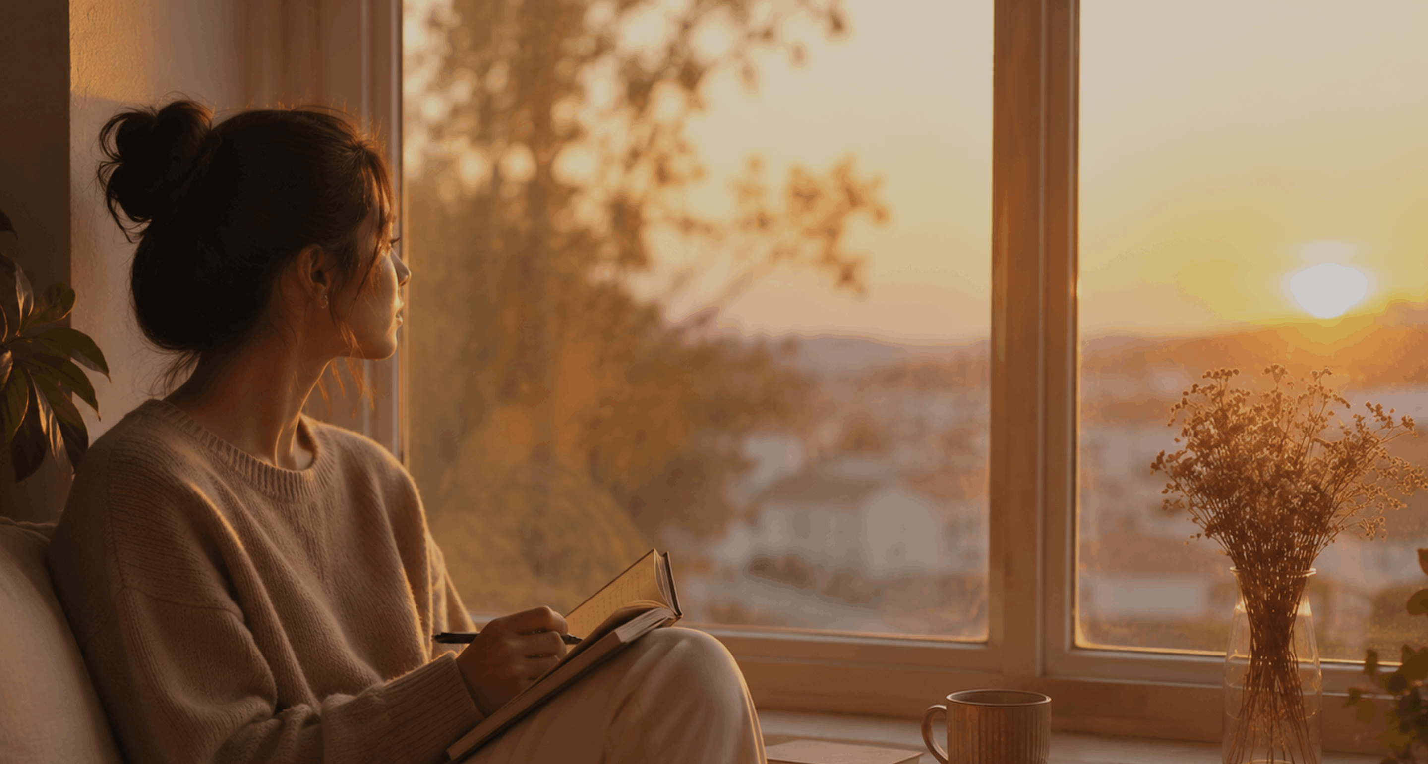 Woman journaling by a warm window at sunset